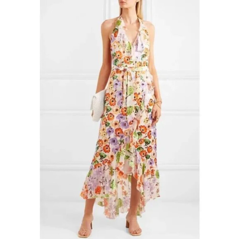Alice + Olivia Floral Evelia Halter Ruffle Maxi Silk and Velvet